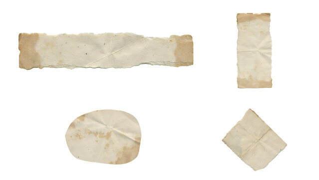 Set of four vintage paper scraps with torn edges and stained texture isolated on white background