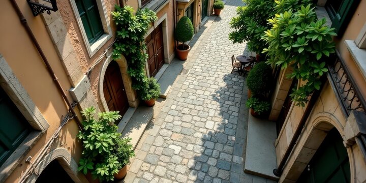 Cobblestone alleyway with potted plants and sun-dappled stone walls, showcasing charming architectural details and a peaceful atmosphere.