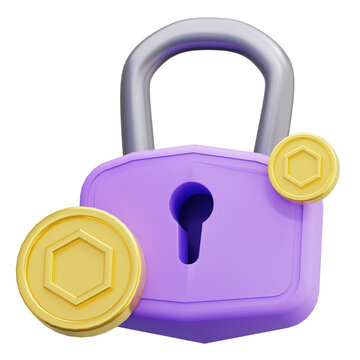 3D token Security Padlock Purple Finance Protection Crypto Safety Secure Gold Coins