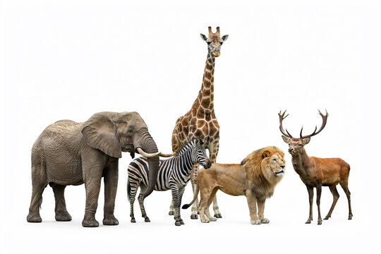 Group of wild animals including elephant giraffe lion zebra