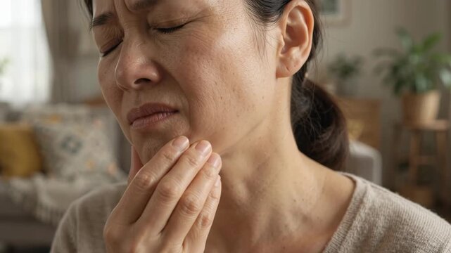 Close up of mature Asian woman touching her cheek while experiencing severe jaw pain and dental discomfort at home
