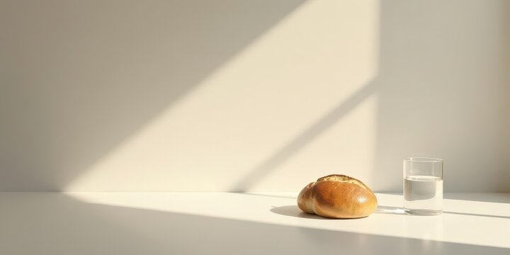 Simple Still Life Sunlit Bread and Glass of Water on a White Surface