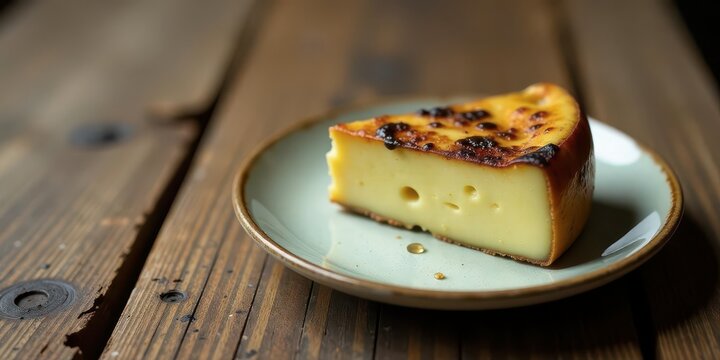 A delectable slice of creamy baked cheese dessert, featuring a caramelized top and a subtly sweet flavor profile, rests elegantly on a pale green plate, atop a rustic wooden surface.