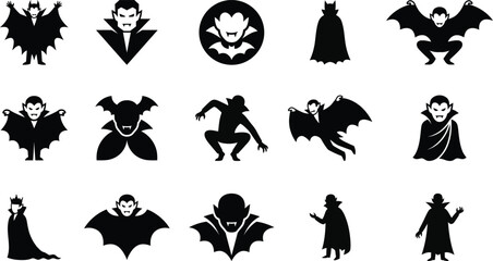 Fototapeta premium Halloween-Vampire Silhouette Collection Featuring Dracula, Bat Winged Vampires, Flying Bats, Gothic Vampire Characters, And Spooky Horror Figures