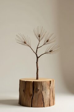 Miniature stylized tree on rustic wood base, a minimalist nature-inspired decorative piece, showcasing delicate branches and small cones.
