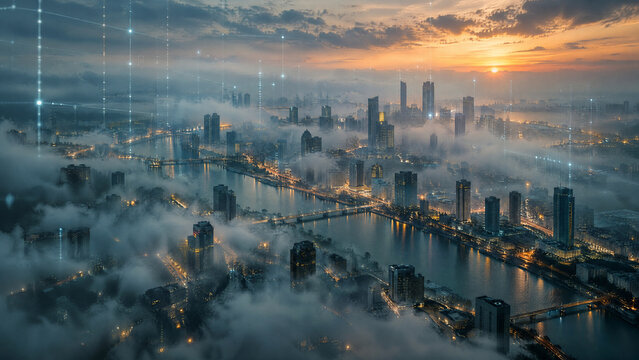 Moody Teal Amber City Skyline Under Privacy Network Veil