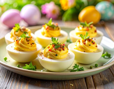 Delicious Deviled Eggs Garnish with Fresh Parsley and Paprika served on Plate for Easter Celebration