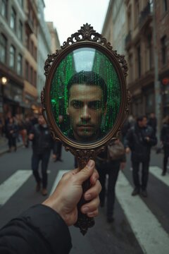 First-person view of a hand holding an ornate mirror in a city street, showing a man's reflection overlaid with glowing green digital matrix code against a desaturated, blurred crowd background.