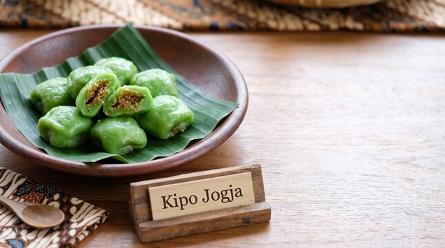Traditional Green Sticky Rice Cake Kipo Stuffed with Sweet Coconut on Rustic Wooden Table