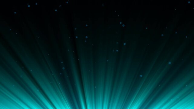 Abstract blue and cyan light rays radiating upward with glowing particles on a dark background. Smooth volumetric light beams, soft glow and floating particles create a futuristic atmospheric motion.