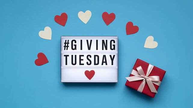Giving Tuesday lightbox sign with red and white hearts and a wrapped gift box on a blue background