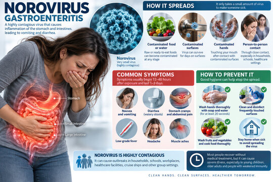 Norovirus Gastroenteritis Symptoms Transmission Prevention and Contagious Infection Infographic