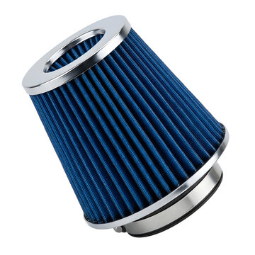 Blue conical air filter for automotive engine on transparent background