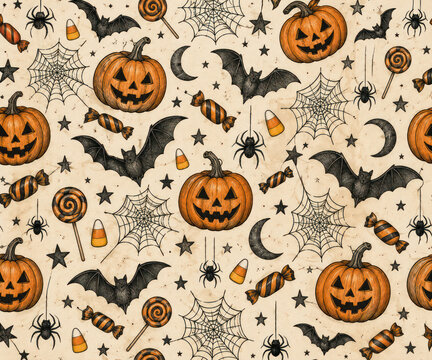 Vintage Halloween Seamless Pattern with Jack O Lanterns, Bats, Spiders, Webs and Candy