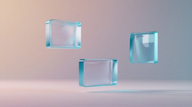 Formas abstractas de vidrio 3D flotando con fondo degradado pastel