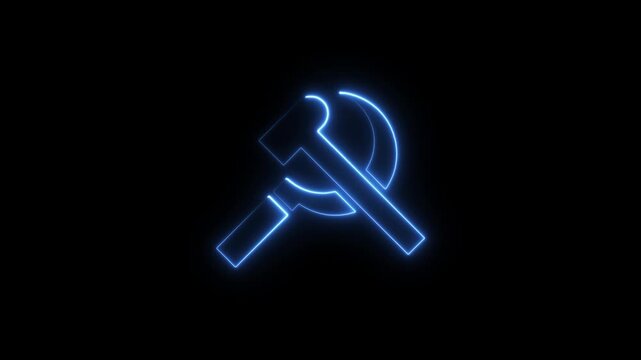 Glowing blue neon hammer and sickle symbol animation on black background, for political or, historical concepts