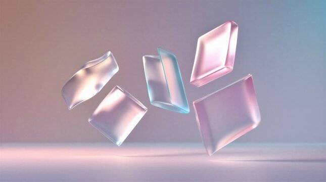 Formas abstractas de vidrio 3D flotando con fondo degradado pastel