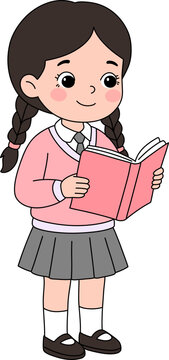 Cute Cartoon Schoolgirl Reading Book