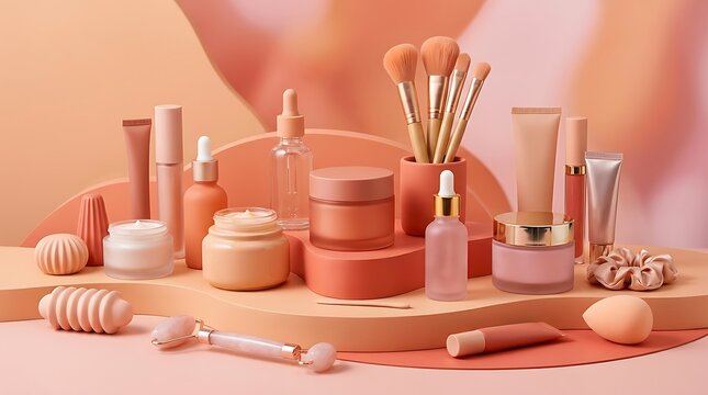 Assorted skincare and makeup beauty products with brushes on a pink and orange decorative pedestal. beauty bundle deals