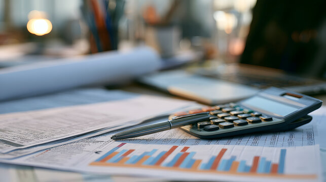 Financial documents and spreadsheet with calculator on desk during budgeting and accounting process for expense calculation, financial analysis, report preparation, and cost management in office works