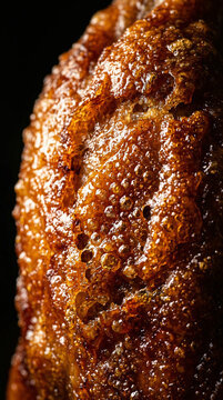 Extreme macro close up of crispy golden brown fried pork rind skin.