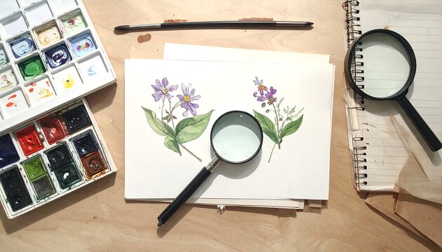 Botanist Artist Workspace Flat Lay Top View with Watercolor Floral Painting Palette Magnifying Glass Brush and Sketchbook Table Desk