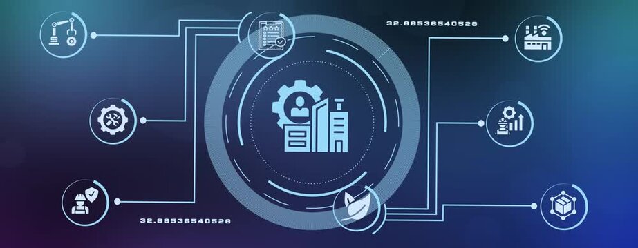 Workforce management and business operations workflow with connected digital service icons.