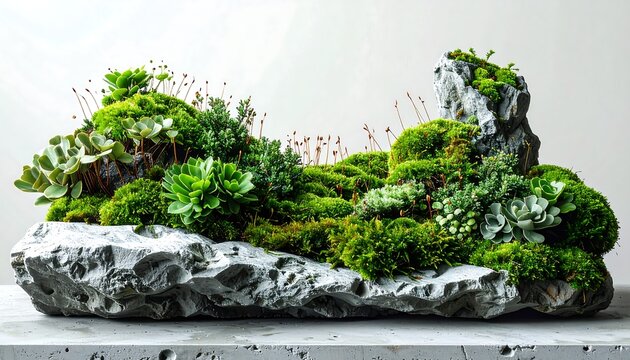 Green Moss Growing on Grey Rock Stone Isolated on White Background Natural Botanical Element Side View Cutout Banner