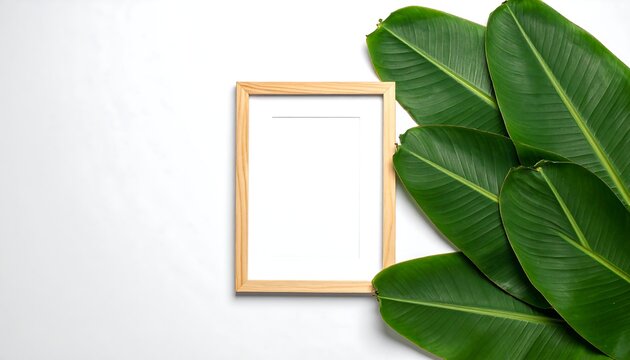 Empty Wooden Picture Frame Mockup with Green Tropical Banana Leaves Isolated on White Background Flat Lay Top View Banner