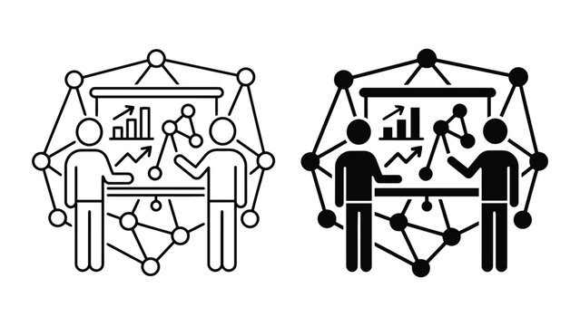 Data network and statistical analysis presentation icons with analysis, business