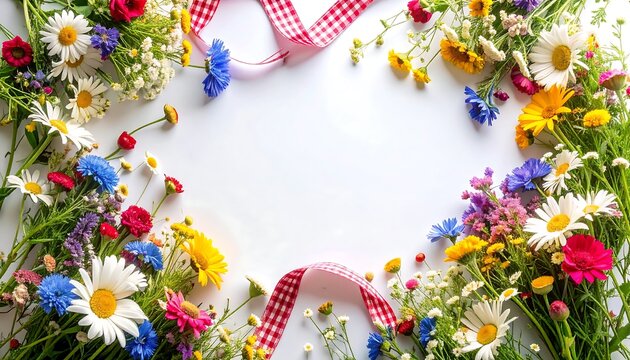Colorful Wildflowers and Chamomile Daisies Arrangement Frame with Red Plaid Ribbon Isolated on White Background Top View Flat Lay