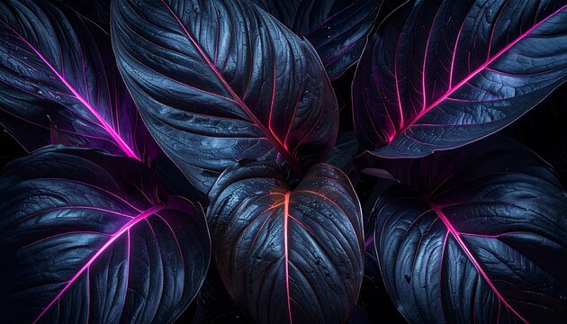 Dark Tropical Leaves with Glowing Pink Magenta Veins Macro Texture Background Full Frame Close Up Abstract Banner