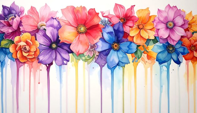Colorful Watercolor Dripping Floral Banner Background Isolated on White, Modern Abstract Vibrant Flower Paint Splatter Illustration