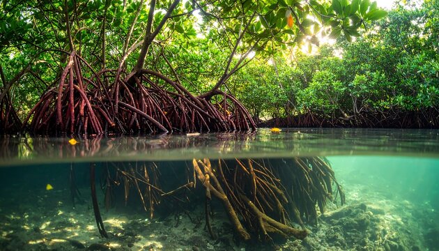 Split Level Underwater View of Tropical Mangrove Forest Trees with Root System in Clear Water Lagoon Landscape