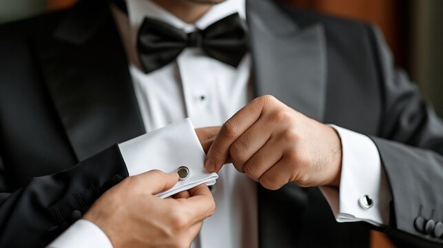 Man adjusting cufflinks on white dress shirt with
