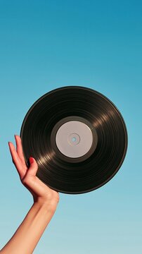 Hand holding vinyl record against blue sky background