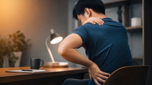 Young man sitting at desk holding neck and lower back, chronic office back pain concept