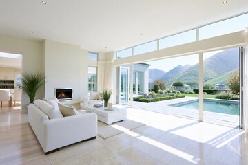 Obraz premium Bright modern living room with open doors to