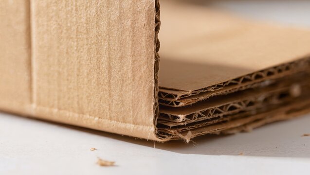 Cardboard production, a close-up of folded corrugated cardboard layers and stacked sheets, highlighting packaging materials, recycling, papercraft, and manufacturing