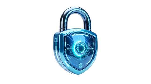 A futuristic vibrant blue padlock features intricate digital circuitry and a glowing illuminated core on a