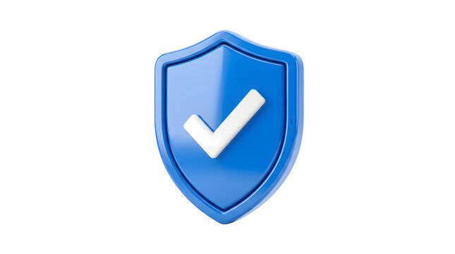 A realistic three dimensional blue shield icon features a bright white check mark symbol on a