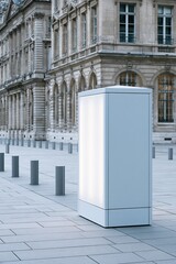Obraz premium Modern illuminated advertising kiosk stands before classical stone