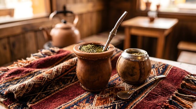 Yerba mate tea cups with metal straws on a rustic table in a cabin