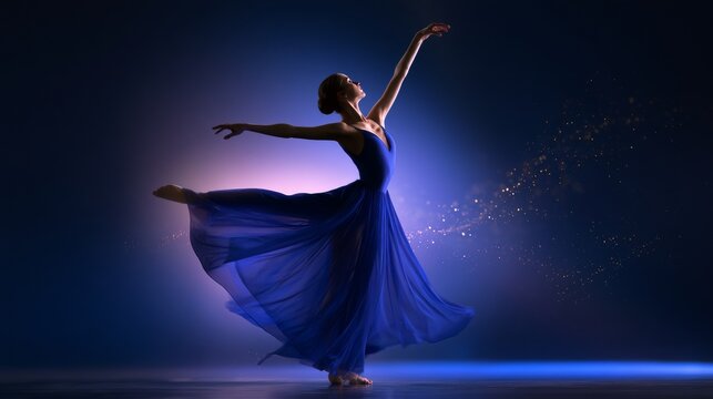 Ballerina dancing with flowing blue dress on stage
