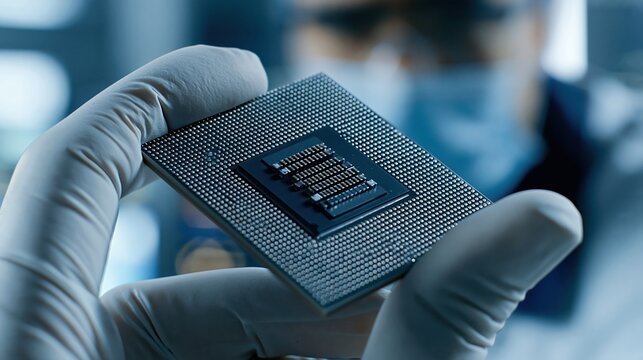 Gloved hands holding a microprocessor chip in laboratory