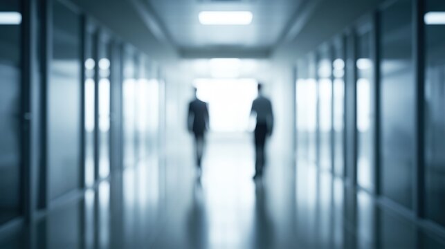 blurred silhouettes walking away down long corridor