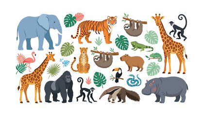 Fototapeta premium Vector collection of wild tropical jungle animals safari wildlife and exotic monstera palm leaves isolated on white background