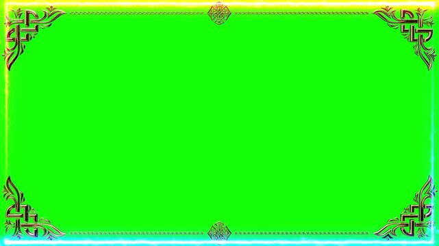 Decorative border with glowing neon lines and Celtic corner ornaments frames a solid green screen.