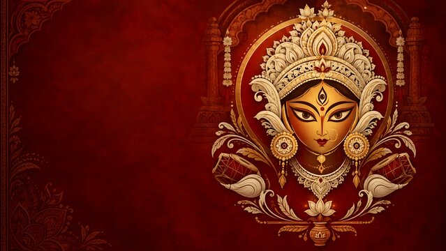 Goddess Durga Face Illustration with Ornate Crown and Copy Space