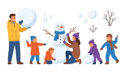 Fototapeta premium Winter Family Outdoor Activity Vector Illustration Set Featuring Parents And Kids Building Snowman Throwing Snowballs And Having Fun In Snow